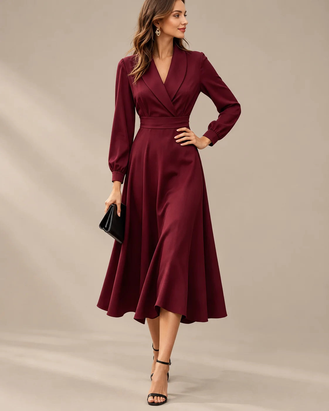 Shawl Collar Wrap Front Long Sleeve Flared Midi Dress | Oyese