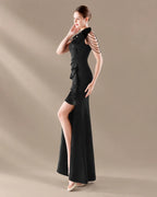 V-Neck 3D Floral Shoulder Beaded Mermaid Evening Gown | Oyese