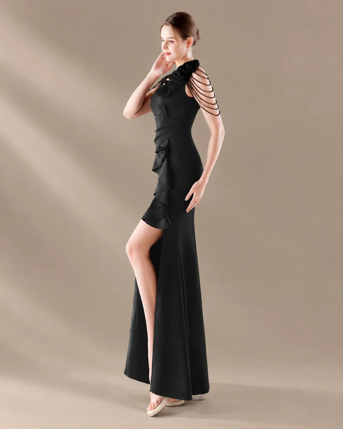 V-Neck 3D Floral Shoulder Beaded Mermaid Evening Gown | Oyese