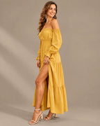 Boho Off-Shoulder Long Sleeve Tiered Maxi Dress with Side Slit | Oyese