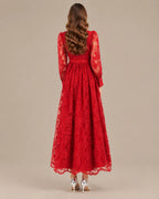 V-Neck Lace Lantern Sleeve Tasseled Belt Midi Dress | Oyese