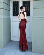 Art Deco Sequin Mermaid Evening Gown - Round Neck | Oyese