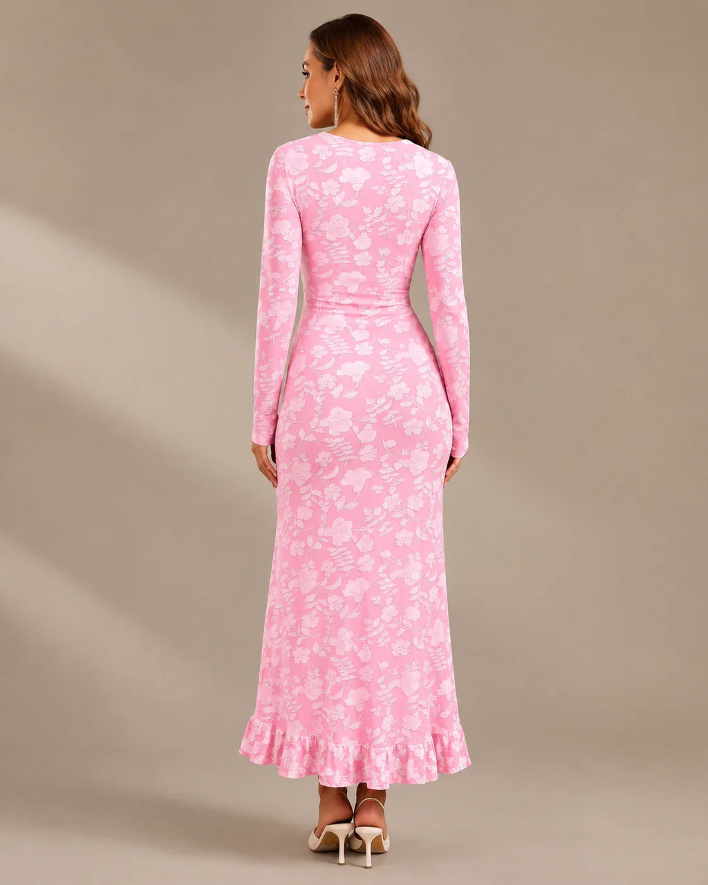 Long Sleeve Floral Lace Asymmetric Ruffle Slit Maxi Dress | Oyese