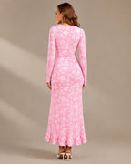 Long Sleeve Floral Lace Asymmetric Ruffle Slit Maxi Dress | Oyese