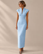 Funnel Neck Power Shoulder Sheath Midi Dress | Oyese