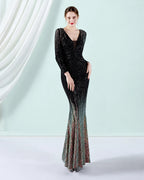 Deep V Long Sleeve Ombre Sequin Mermaid Evening Gown | Oyese
