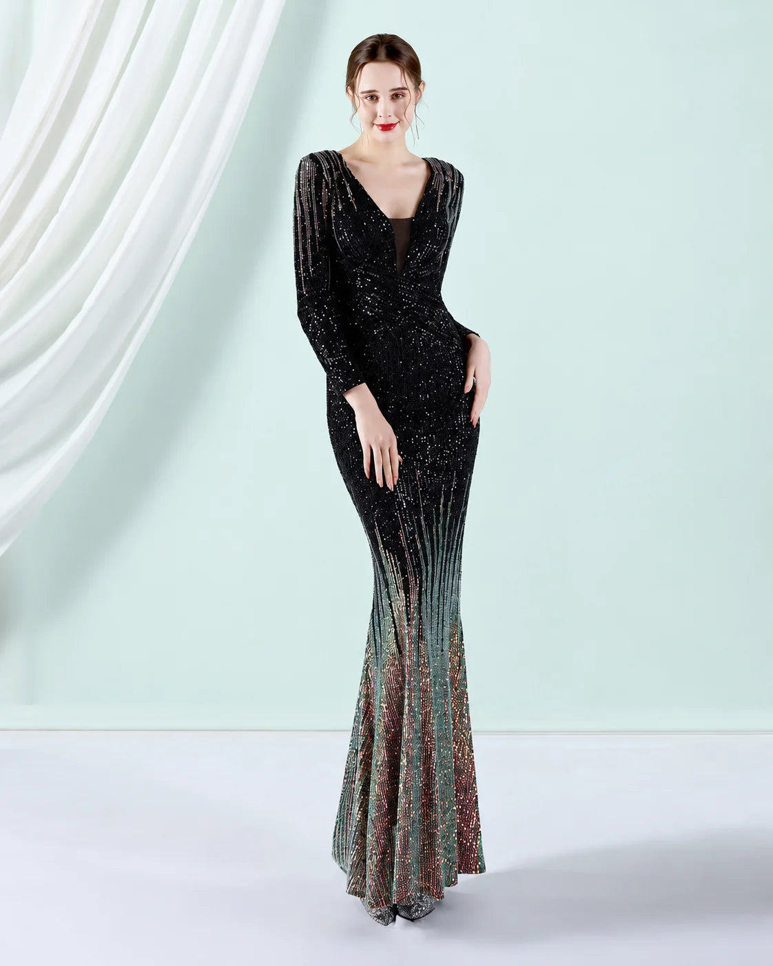 Deep V Long Sleeve Ombre Sequin Mermaid Evening Gown | Oyese