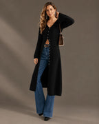 V-Neck Button Front Longline Ribbed Knit Cardigan | Oyese