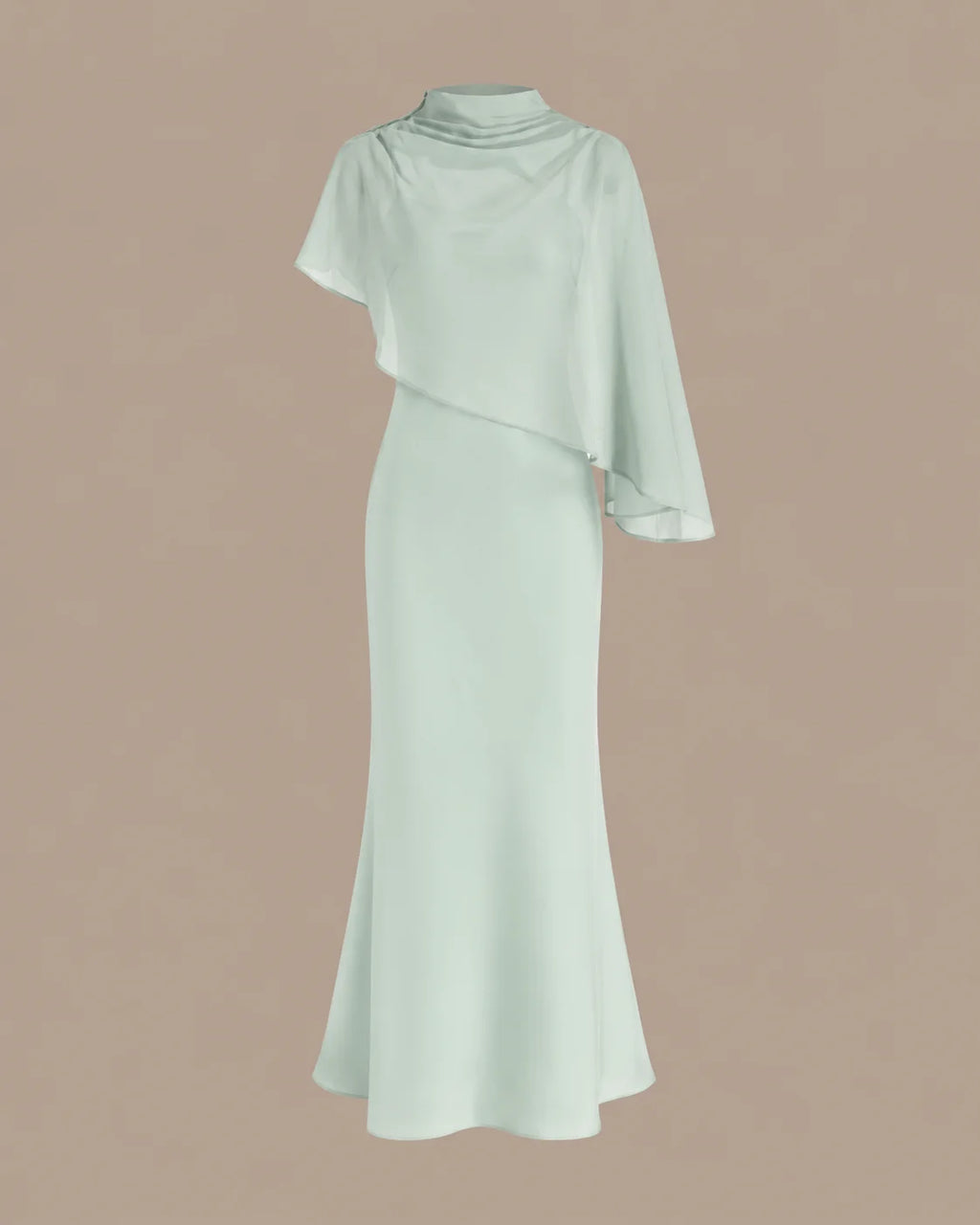 Chiffon Cape Mock Neck Satin Midi Dress – Elegant Cocktail Wedding Guest Dress | Oyese