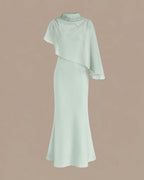Chiffon Cape Mock Neck Satin Midi Dress – Elegant Cocktail Wedding Guest Dress | Oyese