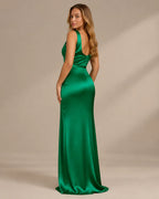 Satin Cowl Neck Ruched Maxi Dress – High Slit Evening Gown | Oyese