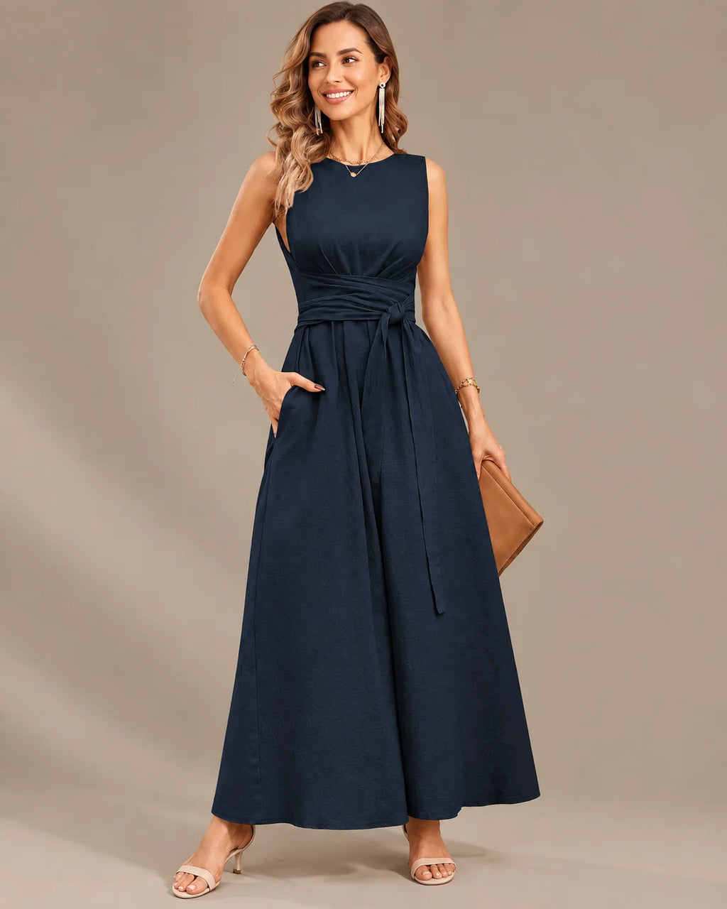 Round Neck Tie Waist Relaxed Maxi Dress – Sleeveless Textured Casual Dress | Oyese