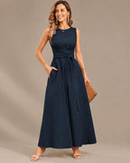 Round Neck Tie Waist Relaxed Maxi Dress – Sleeveless Textured Casual Dress | Oyese
