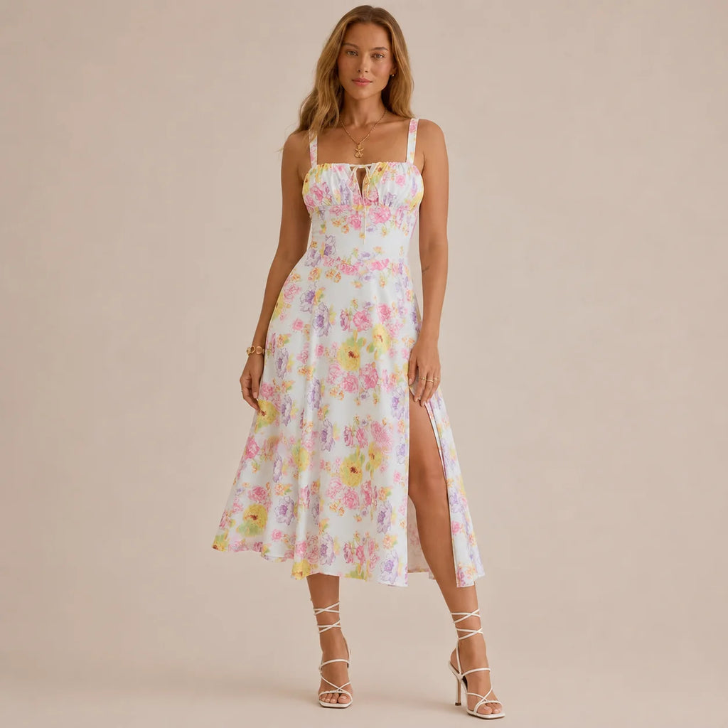 Square Neck Tie Front A-Line Midi Dress – Floral & Solid Summer Dress | Oyese
