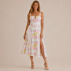 Square Neck Tie Front A-Line Midi Dress – Floral & Solid Summer Dress | Oyese