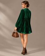 Velvet Lace Yoke Long Puff Sleeve Babydoll Mini Dress | Oyese