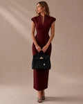 Funnel Neck Power Shoulder Sheath Midi Dress | Oyese