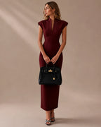 Funnel Neck Power Shoulder Sheath Midi Dress | Oyese