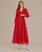 V-Neck Lace Lantern Sleeve Tasseled Belt Midi Dress | Oyese