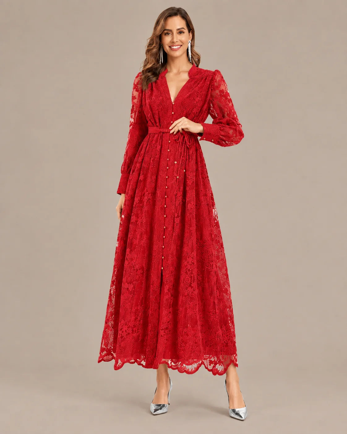 V-Neck Lace Lantern Sleeve Tasseled Belt Midi Dress | Oyese