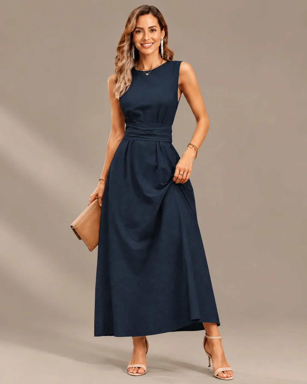 Round Neck Tie Waist Relaxed Maxi Dress – Sleeveless Textured Casual Dress | Oyese
