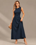 Round Neck Tie Waist Relaxed Maxi Dress – Sleeveless Textured Casual Dress | Oyese