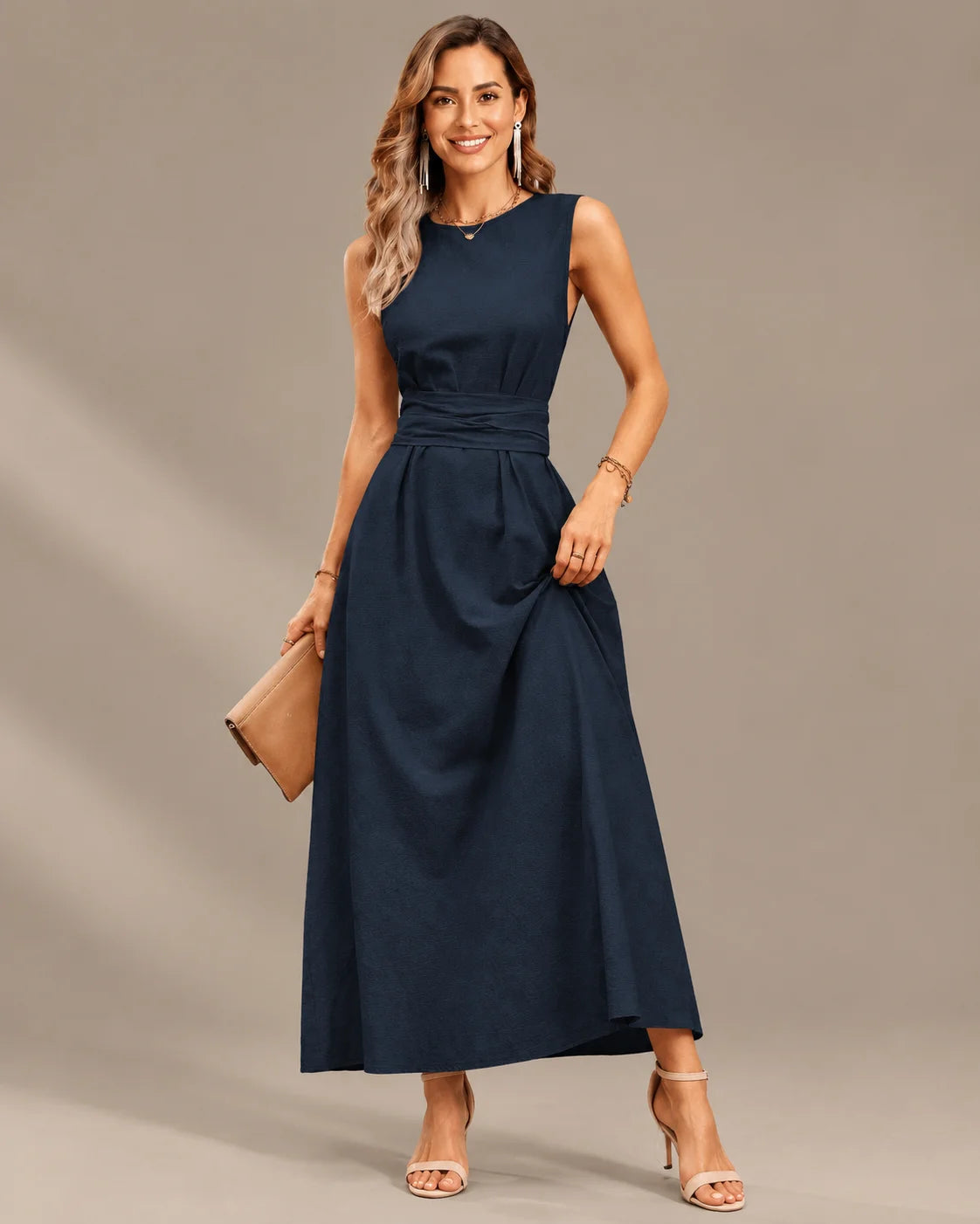 Round Neck Tie Waist Relaxed Maxi Dress – Sleeveless Textured Casual Dress | Oyese
