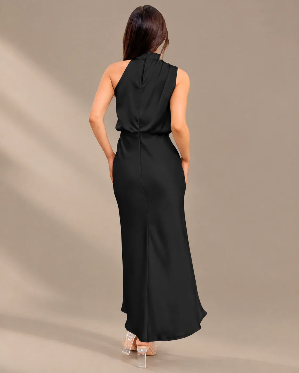 Halter Cowl Neck Draped Satin Midi Dress | Oyese