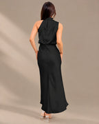 Halter Cowl Neck Draped Satin Midi Dress | Oyese