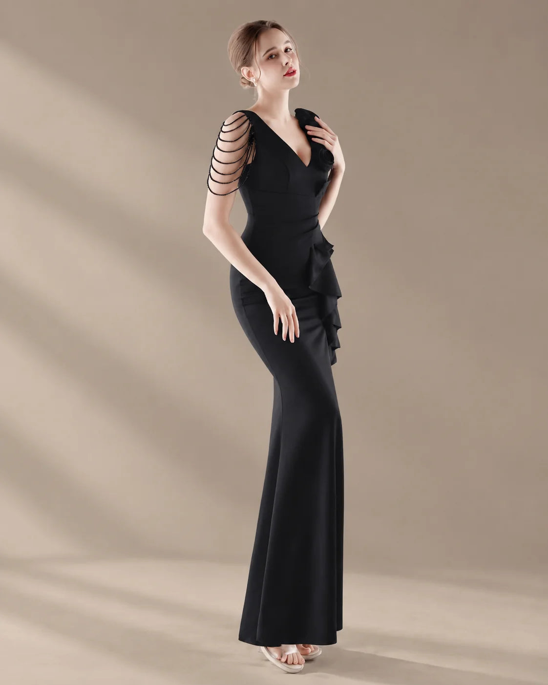 V-Neck 3D Floral Shoulder Beaded Mermaid Evening Gown | Oyese