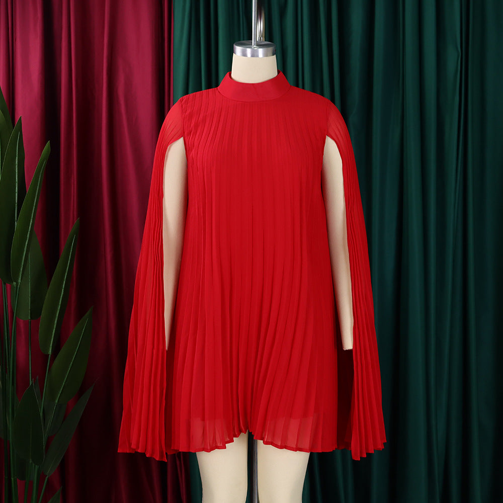 Mock Neck Pleated Chiffon Cape Shift Dress | Oyese