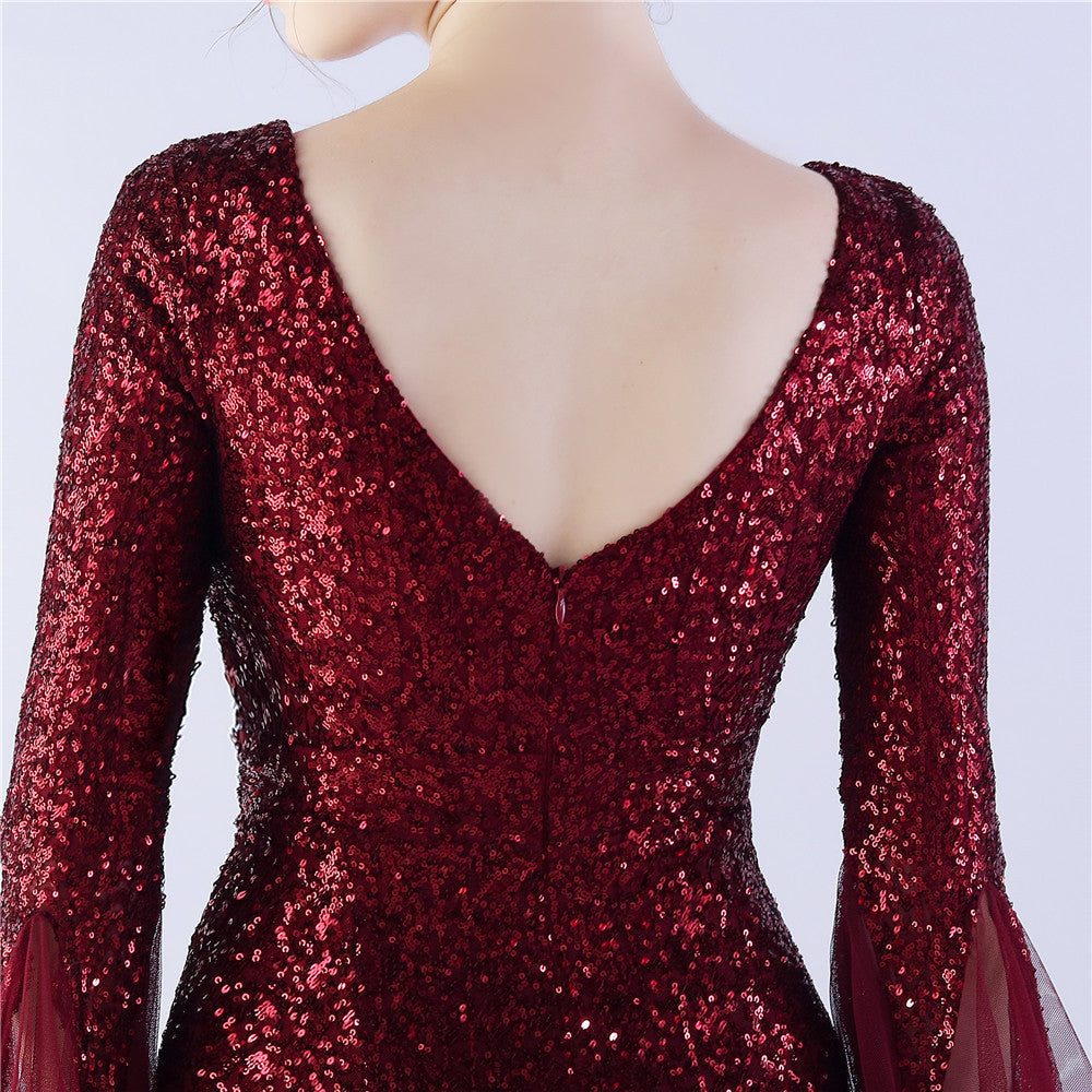 V-Neck Bell Sleeve Sequin Tulle Mermaid Evening Gown | Oyese