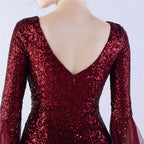 V-Neck Bell Sleeve Sequin Tulle Mermaid Evening Gown | Oyese