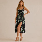 Square Neck Tie Front A-Line Midi Dress – Floral & Solid Summer Dress | Oyese