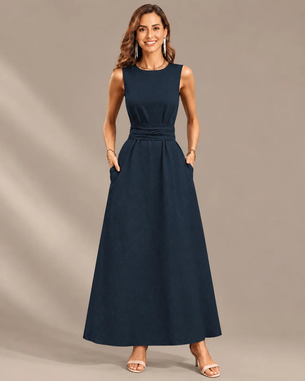 Round Neck Tie Waist Relaxed Maxi Dress – Sleeveless Textured Casual Dress | Oyese