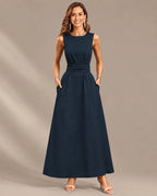 Round Neck Tie Waist Relaxed Maxi Dress – Sleeveless Textured Casual Dress | Oyese