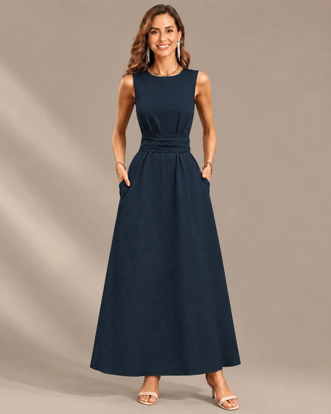 Round Neck Tie Waist Relaxed Maxi Dress – Sleeveless Textured Casual Dress | Oyese