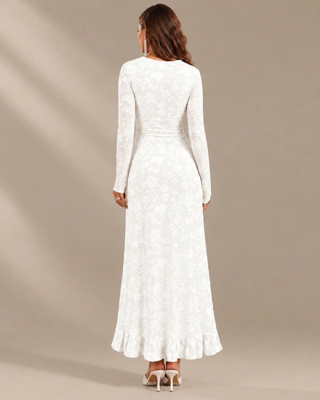 Long Sleeve Floral Lace Asymmetric Ruffle Slit Maxi Dress | Oyese