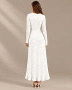 Long Sleeve Floral Lace Asymmetric Ruffle Slit Maxi Dress | Oyese