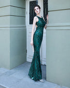 Art Deco Sequin Mermaid Evening Gown - Round Neck | Oyese