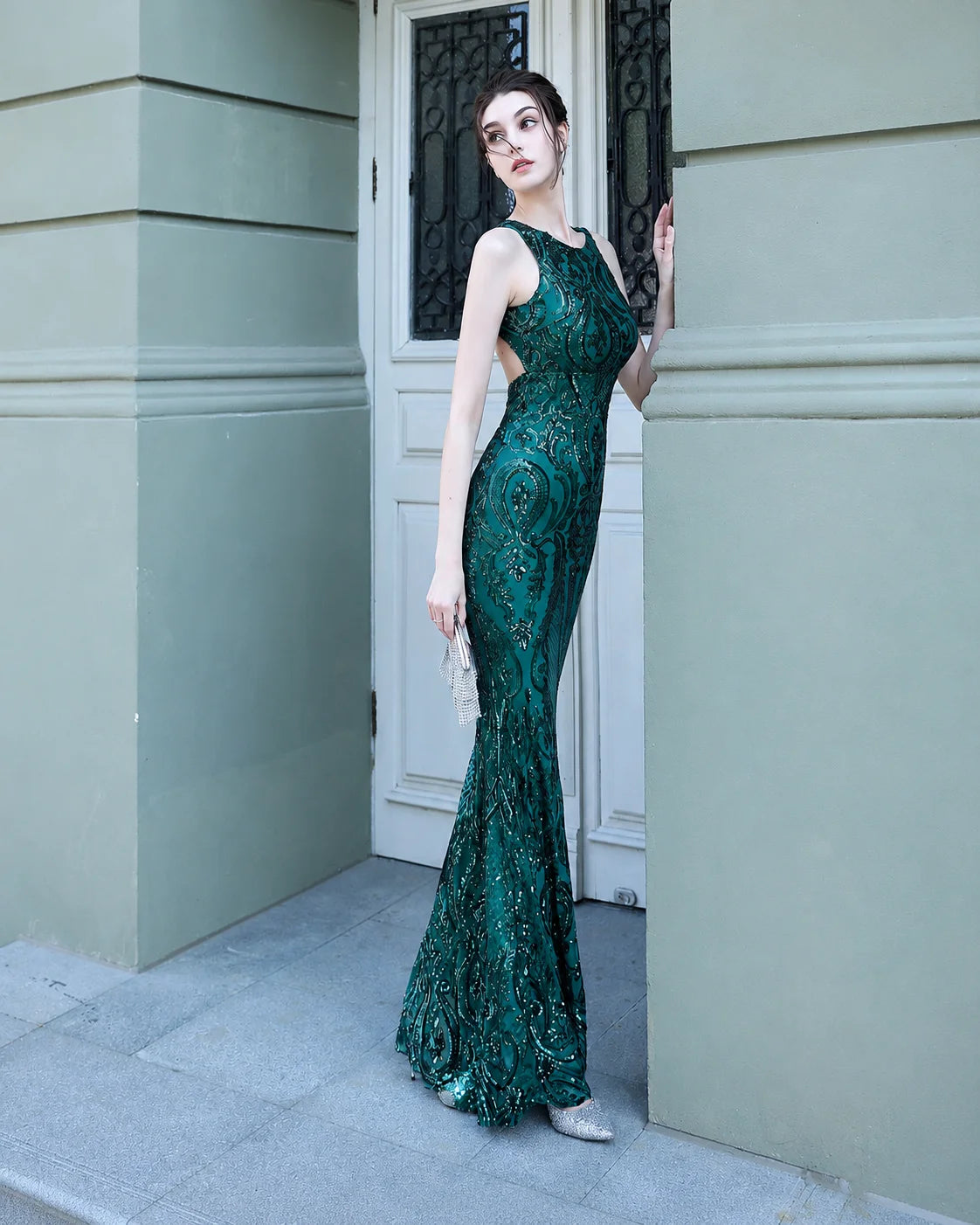 Art Deco Sequin Mermaid Evening Gown - Round Neck | Oyese