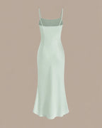 Chiffon Cape Mock Neck Satin Midi Dress – Elegant Cocktail Wedding Guest Dress | Oyese