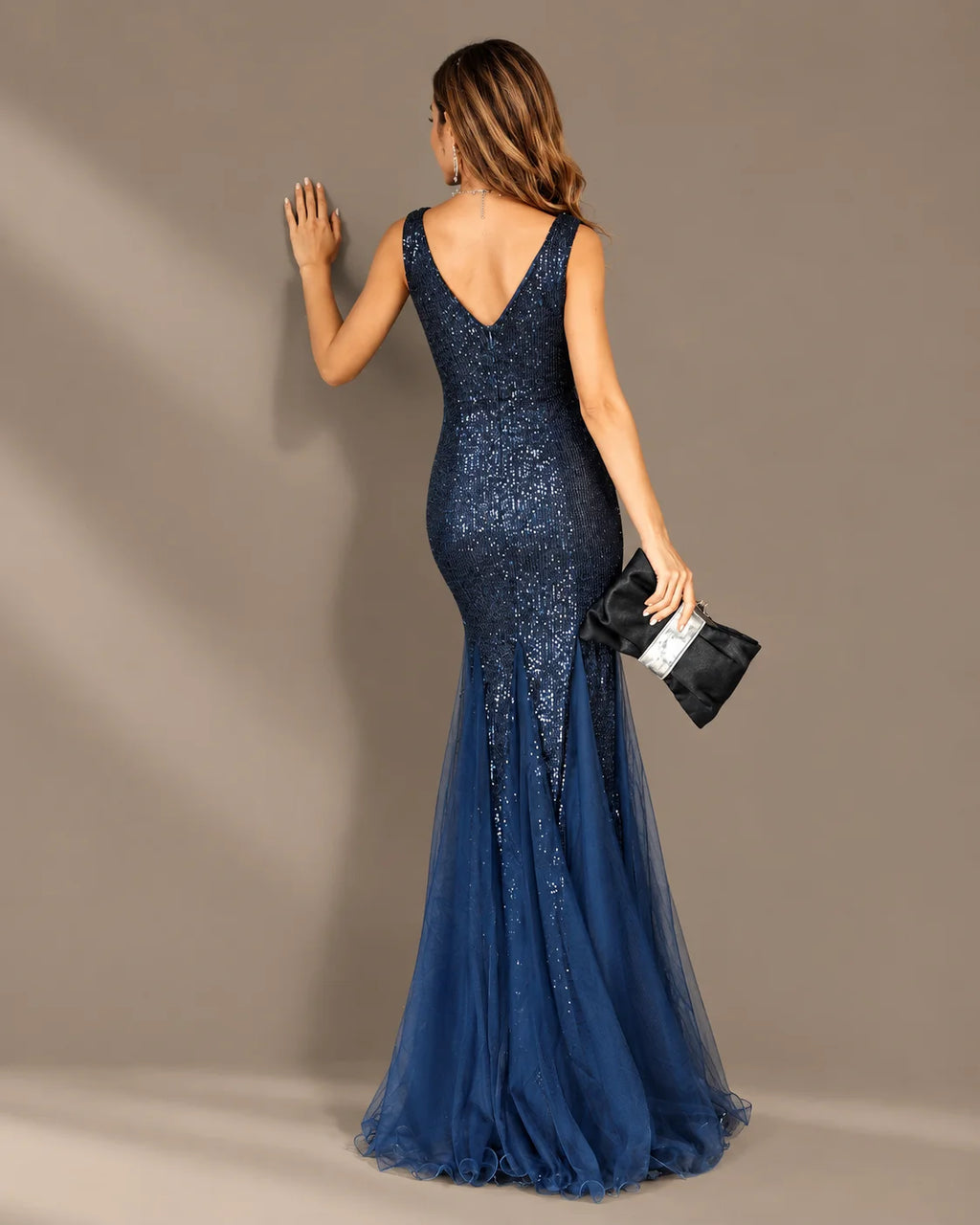 Deep V-Neck Beaded Tulle Mermaid Evening Gown | Oyese