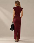 Funnel Neck Power Shoulder Sheath Midi Dress | Oyese