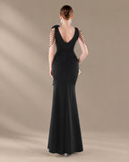 V-Neck 3D Floral Shoulder Beaded Mermaid Evening Gown | Oyese