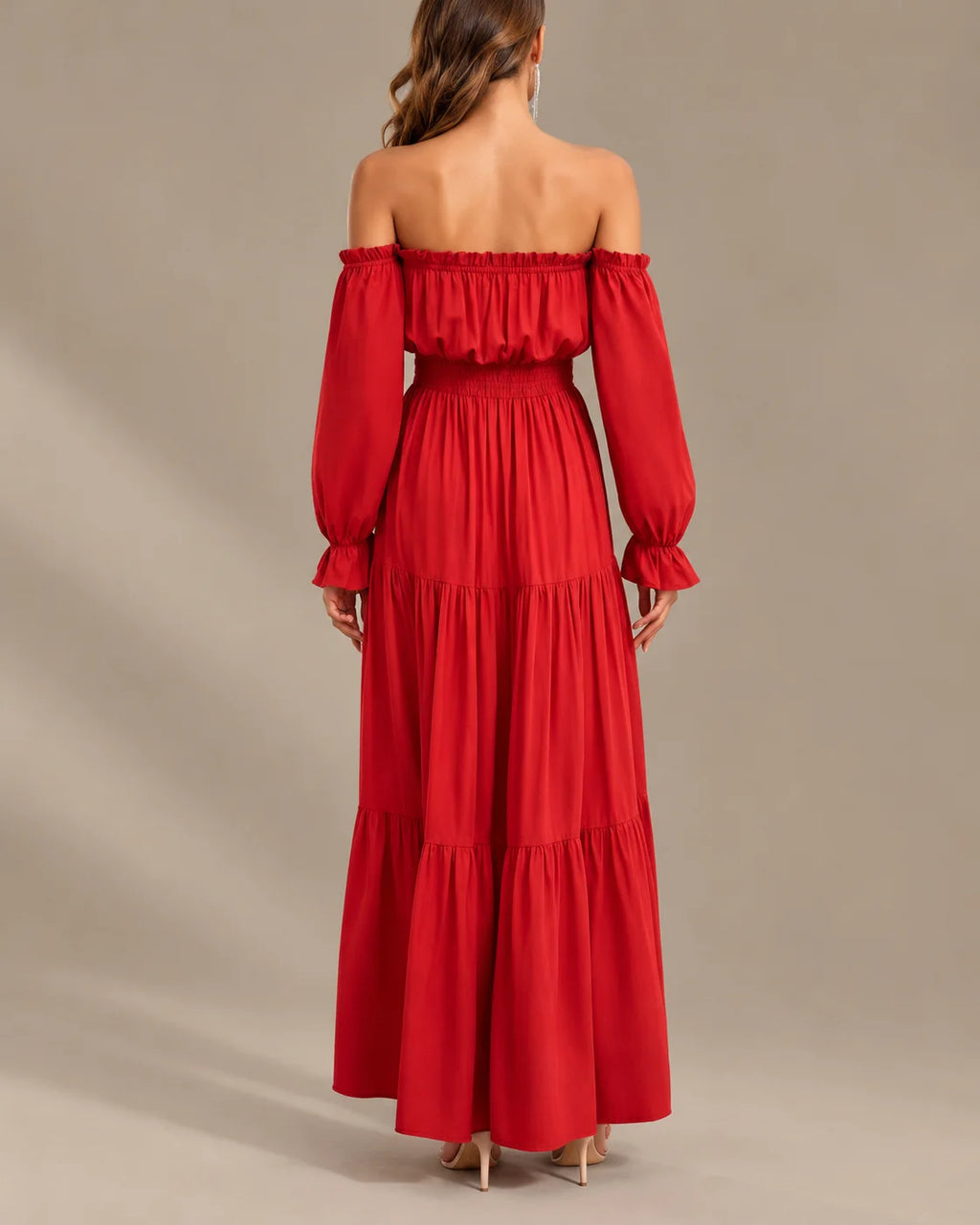 Boho Off-Shoulder Long Sleeve Tiered Maxi Dress with Side Slit | Oyese