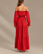 Boho Off-Shoulder Long Sleeve Tiered Maxi Dress with Side Slit | Oyese