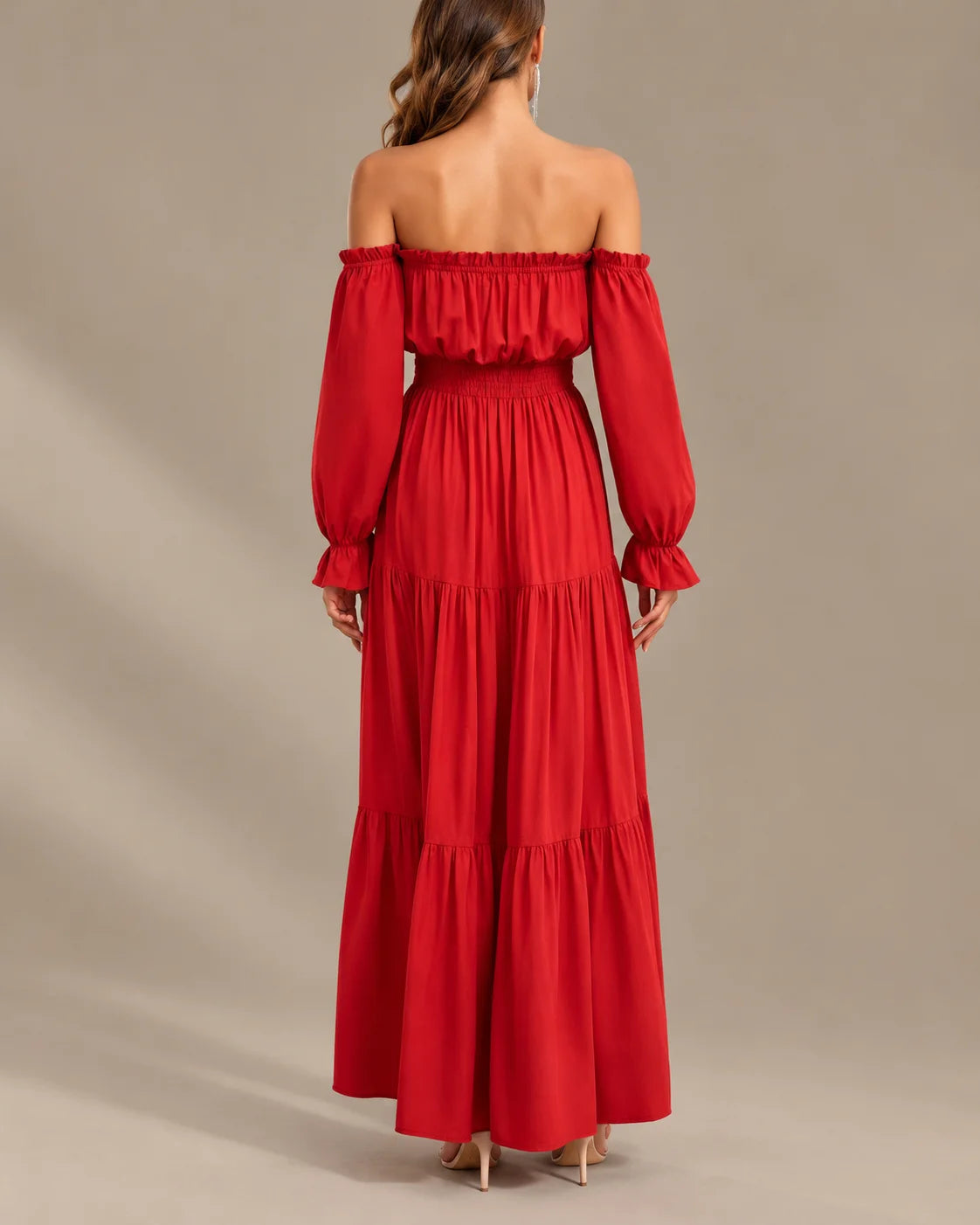 Boho Off-Shoulder Long Sleeve Tiered Maxi Dress with Side Slit | Oyese
