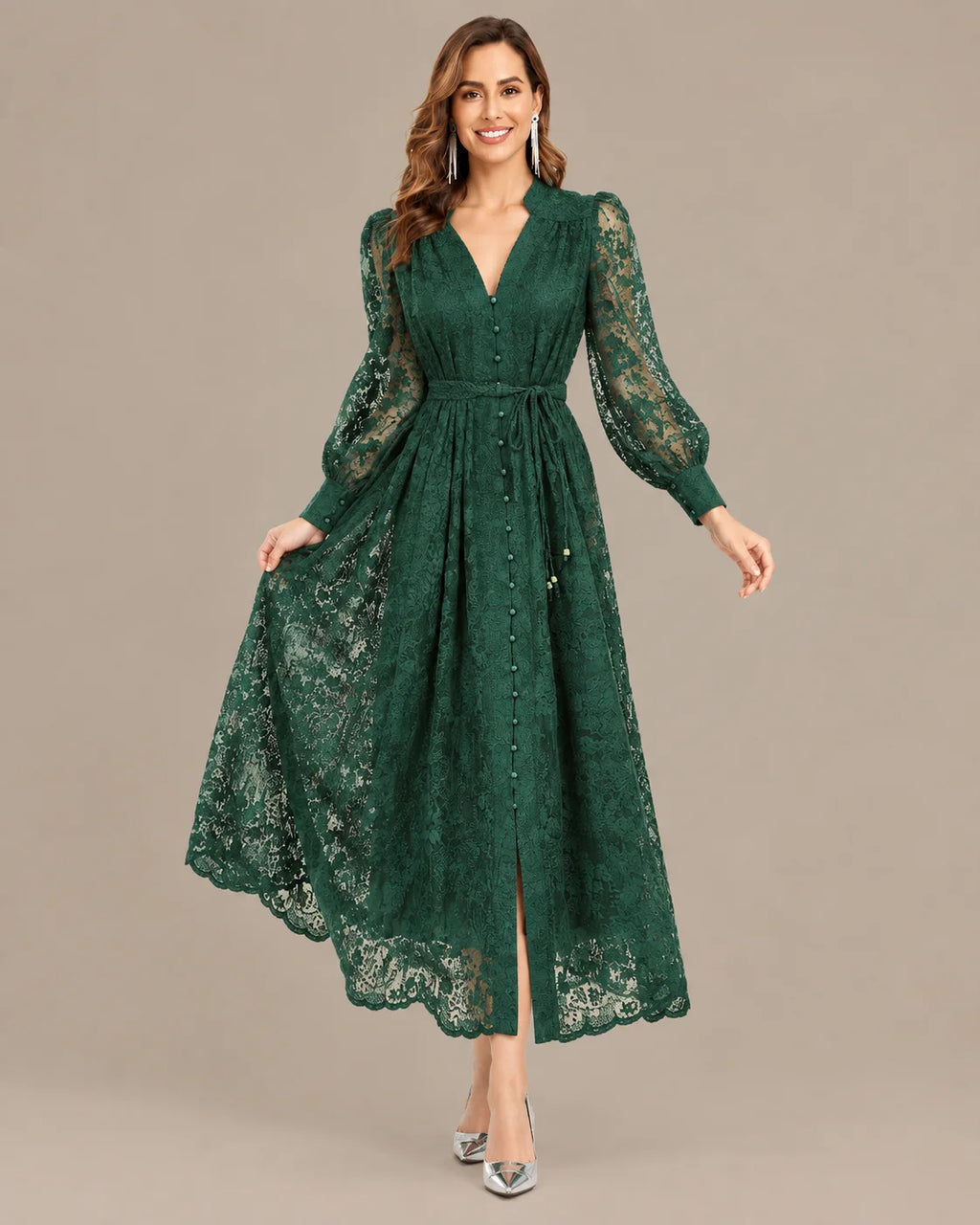 V-Neck Lace Lantern Sleeve Tasseled Belt Midi Dress | Oyese