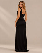 Satin Cowl Neck Ruched Maxi Dress – High Slit Evening Gown | Oyese